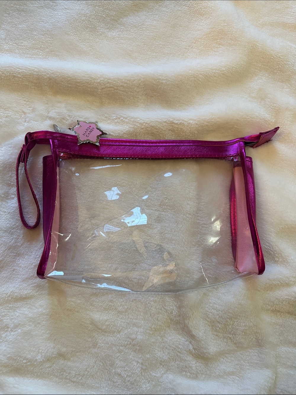 HARD CANDY Clear Wristlet Y2K Zippered Cosmetic Bag with Metallic Pink Trim